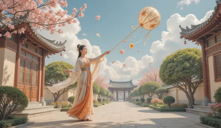 Tang Dynasty，the girl is wearing Hanfu，Standing in the courtyard，spring，The girl flies a paper kite ， hoping it will bring back memories of the boy。