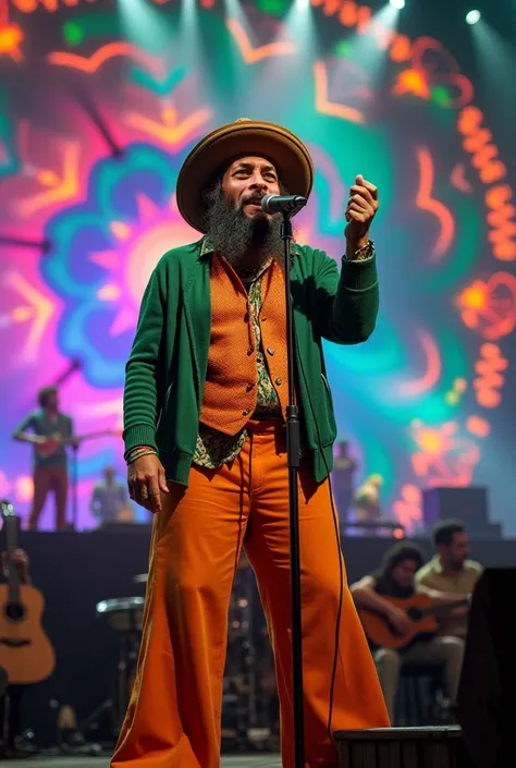 a hyperrealistic photograph of a man dressed in an open green cardigan under an orange vest, and wide ocher pants, with a beard and a Bolivian hat singing on a stage. The scenery is psychedelic and spectacular. 8K high-definition photography accurate maste...