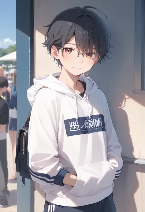 {{{masterpiece}}}, {{{best quality}}}, {{ultra-detailed}}, {illustration}, {{an extremely delicate and beautiful}} black hair、smiling male character、25old、 white hoodie 、 is holding two hearts with both hands 。 is wearing a casual white shirt 、 and the bac...