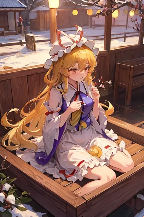 {{{(Yakumo Yukari (Touhou)), yellow eyes, hat, blonde hair, long hair, dress, ribbon, hat ribbon, ribbon, mob cap, frills, long sleeves, tabard, wide sleeves, hair ribbon, white dress, gap Yakumo Yukari and the characters of the Touhou Project (Touhou) tal...