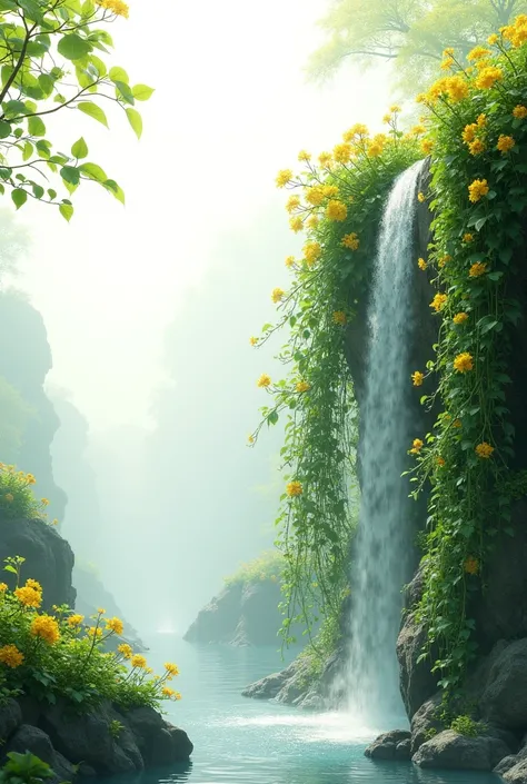 Create an image of a set of vines with yellow flowers that are simulating a river but where there is a cliff forming a kind of waterfall of vines.  on a white background 