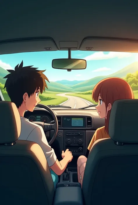 A man driving in a car with his friend going for trip
anime pic look realistic