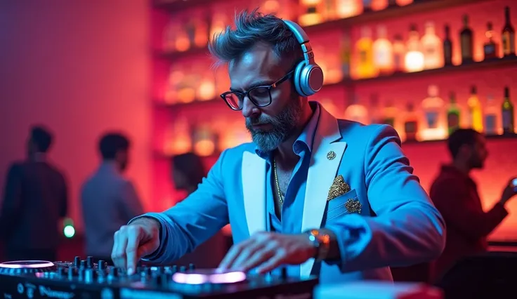 EDITORIAL DYNAMIC WIDE vibrant photograph captures a male DJ, LIGHT SKIN likely in his 40s, no tattoos light skin, , handsome, with short SPIKY GRAY hair and a FULL BEARD  , wearing MODERN CHIC CLOTHES PALE BLUE SHIRT WITH ORNAMENTS AND WHITE waistcoat  , ...