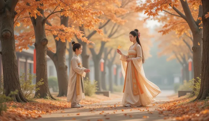 Tang Dynasty，the girl is wearing Hanfu，autumn， The girl walked through the fallen leaves ，Picking up a leaf ， holding her thoughts on the boy。