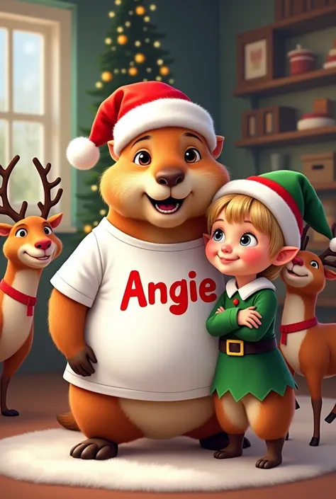 White t-shirt with a funny capybara dressed as a Santa with some reindeer ,  and with Masha de Masha and the bear dressed as a Christmas elf and with the name ANGIE in large 