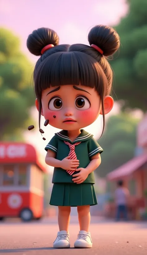 close up of a girl, 3D animation with vibrant color palette, cute and adorable with her hair in two buns on top and bangs, cute beautiful girl, blushing cheeks, a girl wearing an Indonesian kindergarten uniform, a plain dark green uniform, a tie with a com...