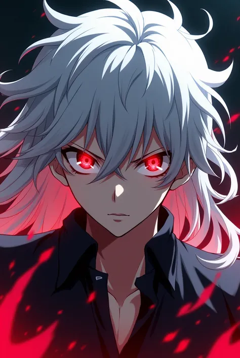 White-haired man similar to Satoru Gojo, With bright red eyes anime version