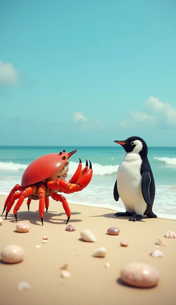 "A whimsical scene featuring a crab and a penguin facing each other in a standoff. The crab, with its bright red shell, sharp claws raised defensively, stands on a sandy beach. Opposite it, the penguin, with its sleek black and white feathers and a curious...