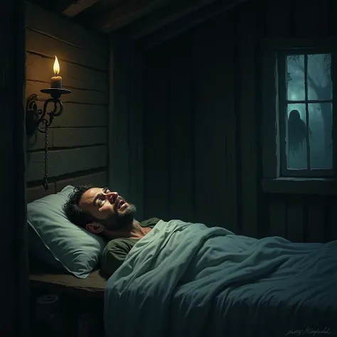 A view of a fisherman sleeping in his cabin, tormented by dark dreams of the Witch. Indistinct shadows surround his bed, and his eyes are wide with fear.