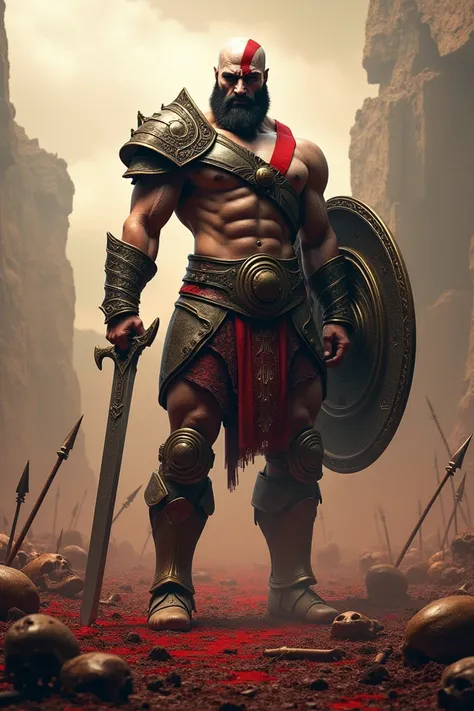  Create an ultra realistic area image the God of War ,  he is on a battlefield with his shining armor a huge sword and a shield he is wearing a helmet but his chest and abdomen are bare.. The scenery is filled with spears and skulls  