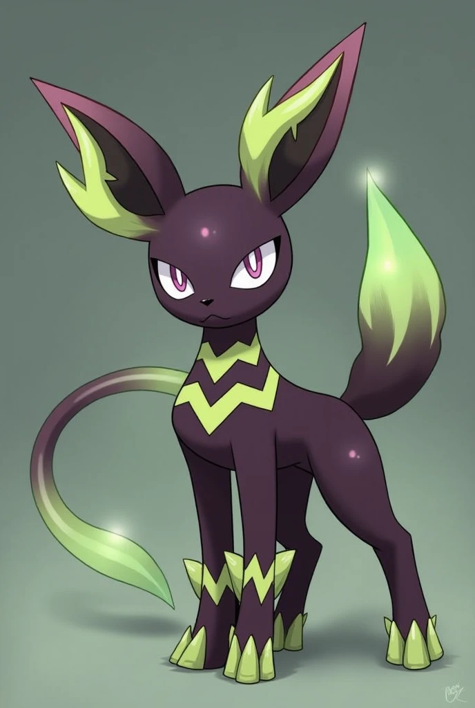 " Draw a Pokémon called Toxeon ,  a Poisonous type Eeveelution .  It has a predominantly dark purple coat ,  with wavy bright lime green stripe patterns that run along the sides of its body .  The ears are long ,  pointed and its ends are bifurcated with a...