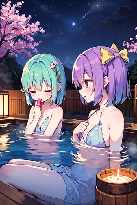 Cirnos group (Touhou) Cirno and the characters of the Touhou Project (Touhou) talk about old memories while drinking in a hot spring. On New Years Eve, they soak up to their shoulders in a steamy open-air bath to soothe their fatigue. Night cherry blossoms...