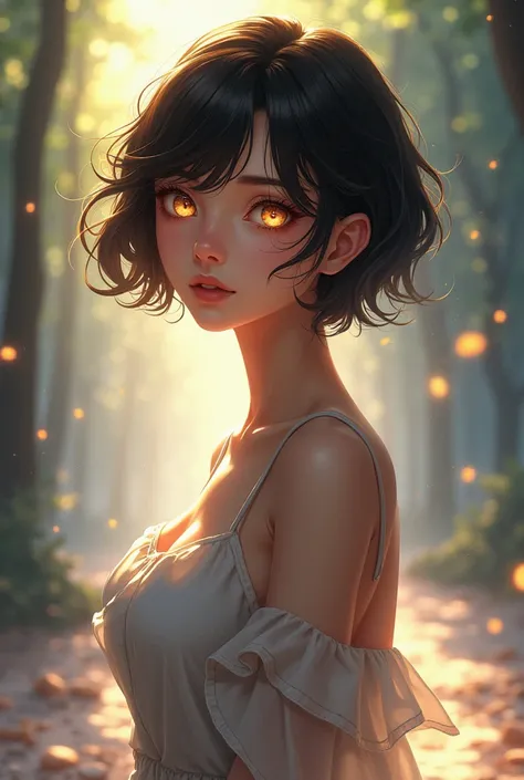 tall anime girl,  golden eyes ,  short wavy hair  