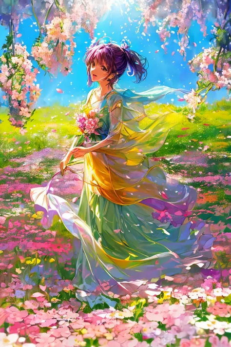 (  leaves her A peaceful expression and a harmonious environment {x} A beautiful girl is taking a walk through a vibrant field full of colorful flowers,   Fascinating  .   A dreamy atmosphere envelops her 、 creates a graceful and surreal beauty  ,   like p...