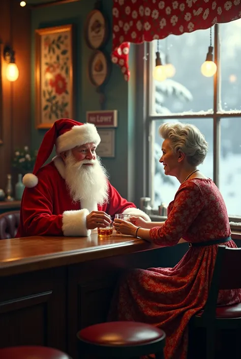 Realistic vintage mode Santa Claus and Mrs. Claus grandma drinking drinks at a bar in a bar from the 50s and outside through a window you can see that it is snowing