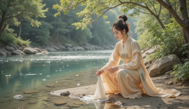 Tang Dynasty，the girl is wearing Hanfu，summer，The girl crouched down by the river to wash her clothes， The feeling of nostalgia flows like a river。