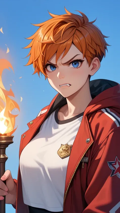 Score_9, Score_8_up, Score_7_up, Score_6_up, Score_5_up, Score_4_up, Source_anime, Tag1, Tag2, Quality_masterpiece, Anatomically correct, Detailed skin, 1girl, angry face, orange hair, pixie cut hair, red Parka jacket, Hood on the head, white t-shirt, blue...