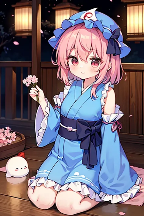 {{{saigyouji yuyuko (touhou)}}}, pink eyes, short hair, wavy hair, pink hair, blue headwear, mob cap, neck ribbon, black ribbon, blue kimono, frilled kimono, obi, long sleeves, wide sleeves, frilled sleeves, sleeve garter, triangular headpiece, blue bow, w...