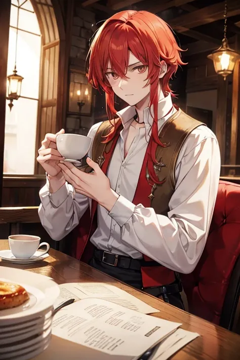 Tall red-haired young man of the medieval nobility, cold look. golden eyes, white shirt cuantes cafe 