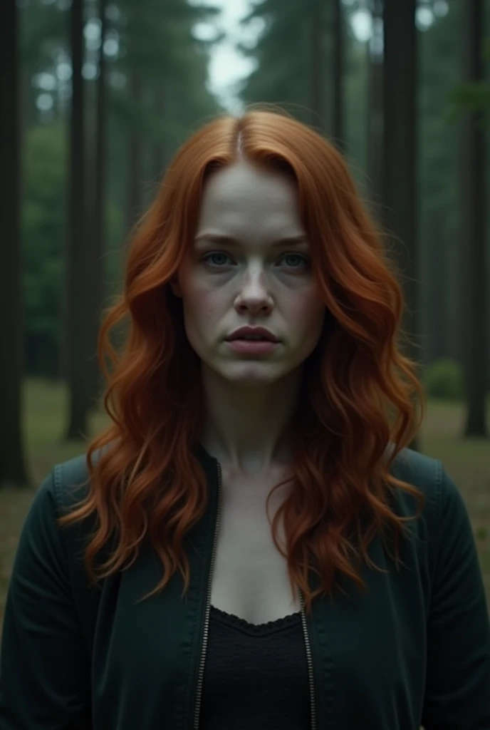 In the middle, the protagonist with features identical to actress ((Madelaine Petsch)), stands out for her Caucasian skin, red hair falling in soft waves over her shoulders and her honey-colored eyes that seem to shine with a mixture of determination and v...