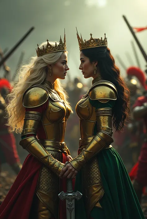 masterpiece,8k, ultra detail, best quality,battlefield,(background: Warriors Are Fighting ,Red Warrior,Green Warrior,jumping,hack,Slash),(Midpoint:The queens are fighting,Blonde Queen, Amber Heard ,Black Hair Queen,Park Bo-young,Combat pose),The lighting i...