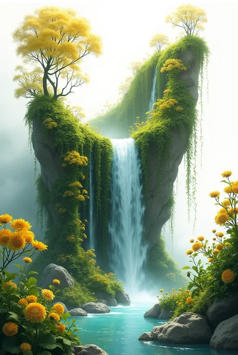 Create an image of a set of vines with yellow flowers that are pretending to be a river but there is a cliff forming a kind of waterfall of vines.  on a white background 