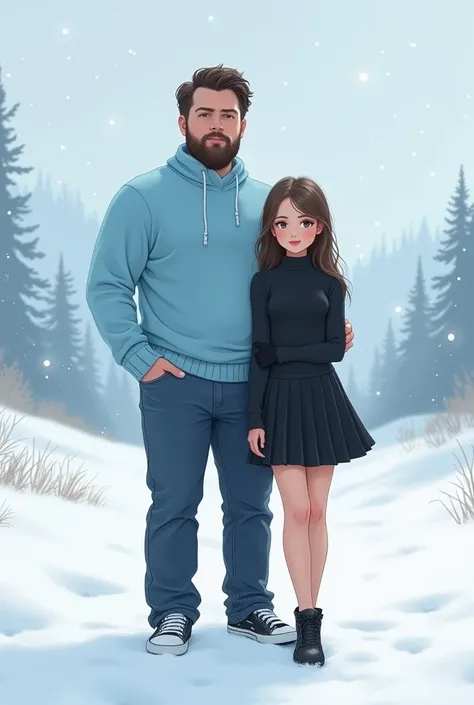 
A man wearing a blue sweater is standing in the snow，Thick neck, Light blue turtleneck sweater, Beautiful young European and American women ， charming posture,  wearing a turtleneck ,  black pleated skirt ，sakimi-chan,  in tight, simple clothes , Young cu...