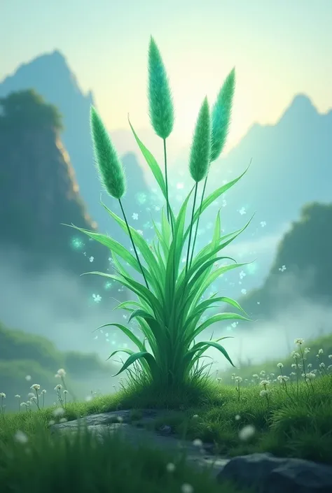 A mystical herbal grass plant known as the "Three Nations Grass," distinguished by its three interconnected stems that always grow together. Each stem radiates a harmonious blend of blue and green hues, symbolizing its rare and powerful healing properties....