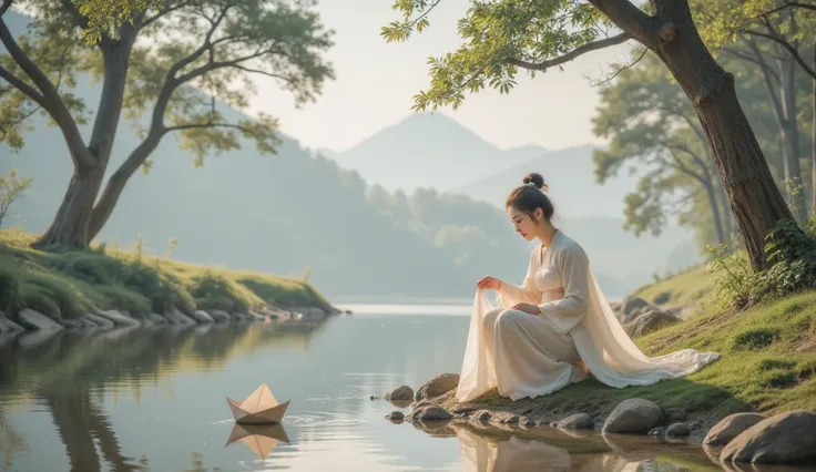 Tang Dynasty，the girl is wearing Hanfu，summer，The girl crouched down by the river to wash her clothes， The feeling of nostalgia flows like a river。There is a small paper boat floating in the river 