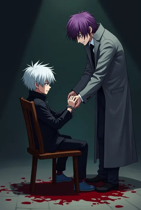  in anime style. a white haired boy,  who was wearing a half-torn black overcoat and black pants he was sitting on a wooden chair,  chained by his arms on her . He was hurt .  Because he was tortured by another man .
 The other man was standing in front of...