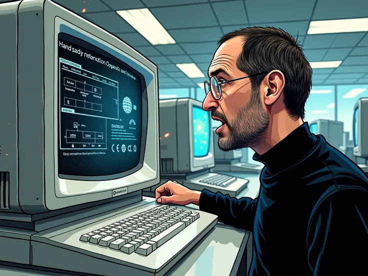  in comic style, generates an image where Steve Jobs looks with amazement at the Xerox graphic interface