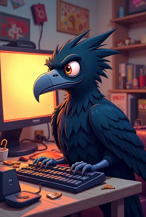  Create an image of a black vulture playing on a gaming PC (Make the cartoon style image )