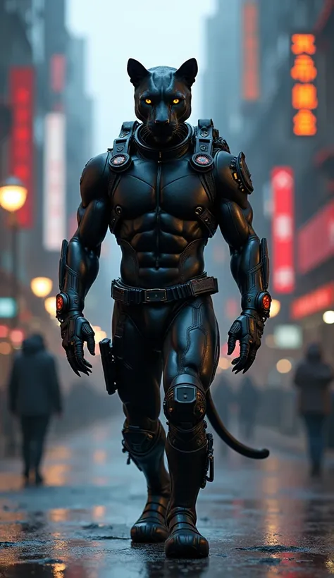  A full body photo,  Bottom view, Of an anthropomorphic black panther with black fur and realistic cyberpunk human clothing 