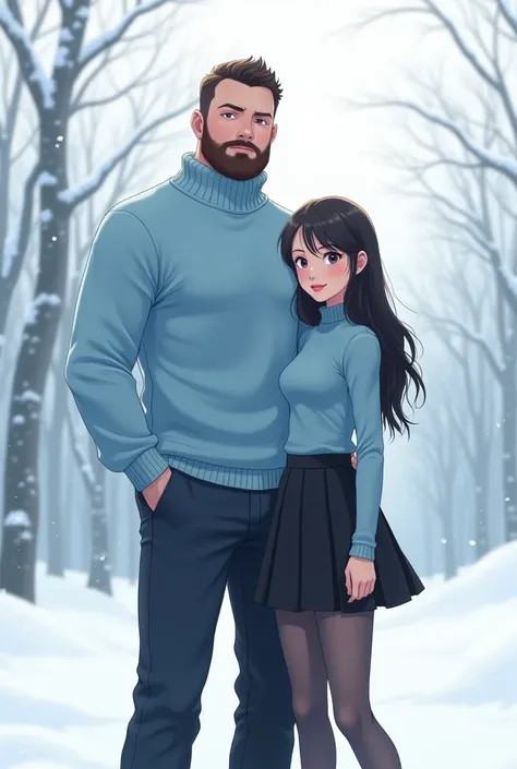 
A man wearing a blue sweater is standing in the snow，Thick neck, Light blue turtleneck sweater, Beautiful young European and American women ， charming posture,  wearing a turtleneck ,  black pleated skirt ，sakimi-chan,  in tight, simple clothes , Young cu...