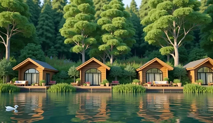 A row of wooden cabins built on a tranquil lakeside, each with large glass windows and slanted roofs, reflecting beautifully on the calm water. The cabins are surrounded by lush greenery with tall trees in the background, and the scene is bathed in soft, n...