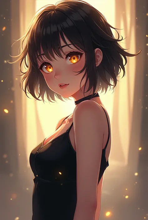 tall anime girl,  golden eyes ,  short wavy hair  