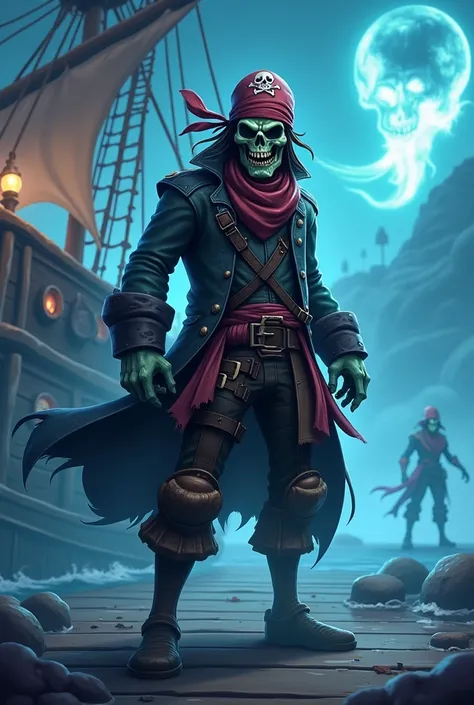  creates the image of a pirate part of the crew of a ghost ship drawn in the Fortnite style. His face is evil  ,  he wears a scarf with skull drawings on his head .  he has a wooden leg . Draw him full body .