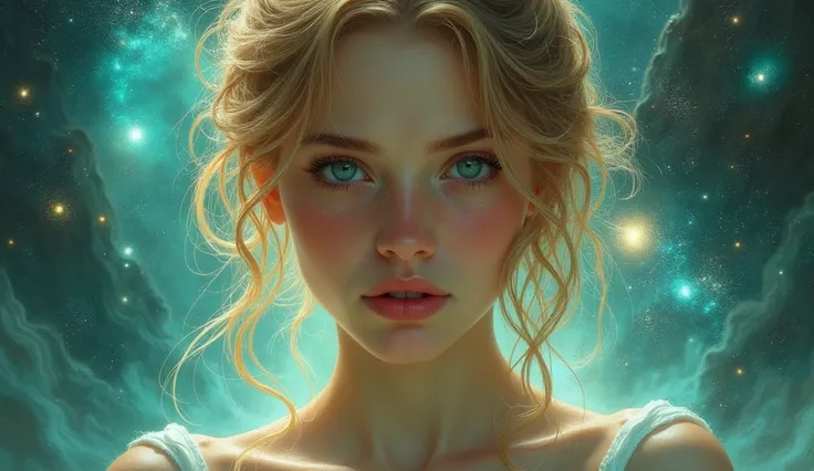 1girl, teen fiore, boris vallejo and tom bagshaw, prophet graphic novel, cosmic artifacts, inspired by Earl Norem, deepdream, awarded on cgsociety, looks a bit similar to amy adams, golden turquoise 