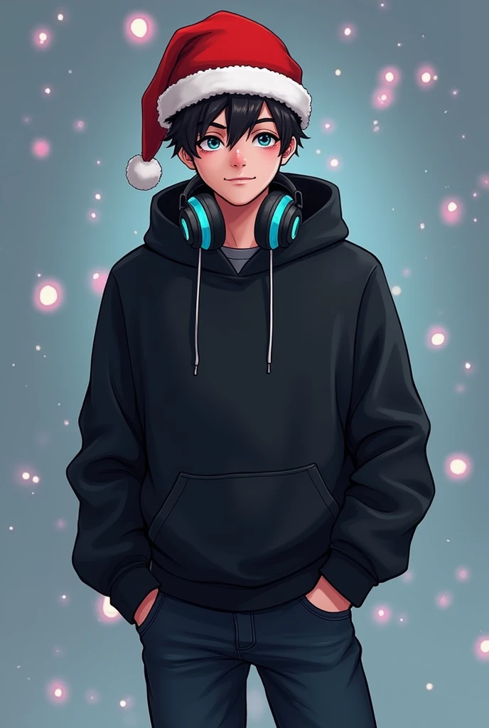 Create a character for my christmas profile. The character have headphone hang on his neck and he wear black hoodie and he wear christmas hat and he wear dark jean and his eyes are blue and he is a gamer and his personal is evil and kind