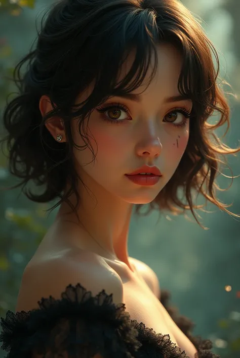 A brunette with slightly fluffy shoulder length hair and a small birthmark under her eye is a tempting portrait,  intricate , Very detailed,  digital painting , ArtStation, concept art, naughty,  clear focus ,  Cinematic lighting , illustration, art by art...