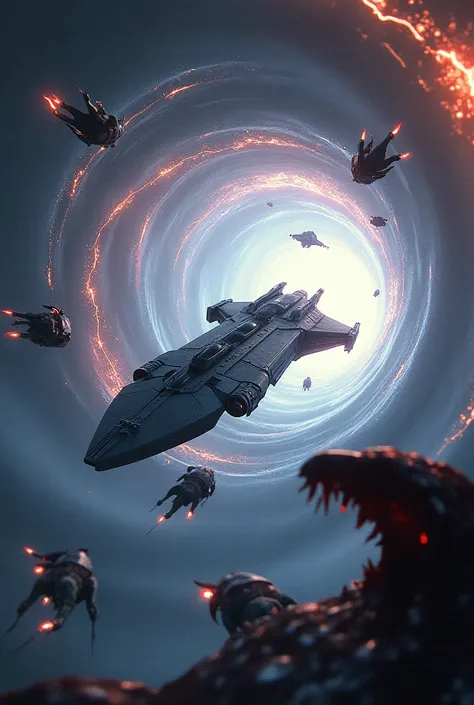  Spaceship surrounded by enemy monsters, entering a space vortex  