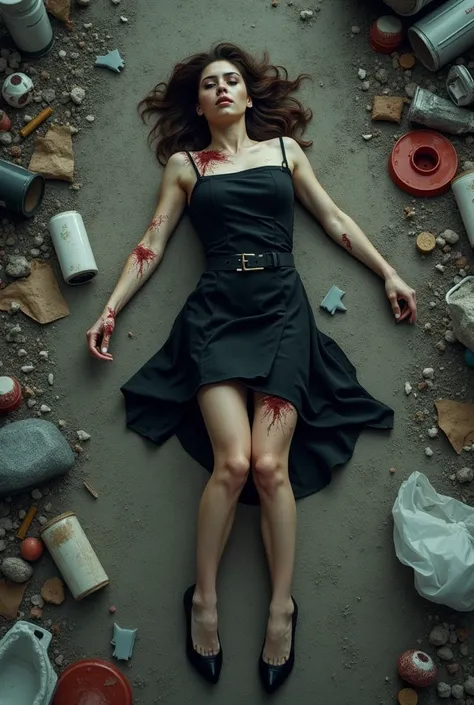  Woman in a broken and dirty black dress and heels lying on her front ,  is on a garbage dump and has wounds on her arms, neck and legs, As if cut 