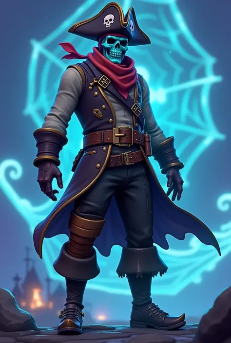  creates the image of a pirate part of the crew of a ghost ship drawn in the Fortnite style. His face is evil  ,  he wears a scarf with skull drawings on his head . He is missing a leg and uses a wooden leg. Draw him full body .