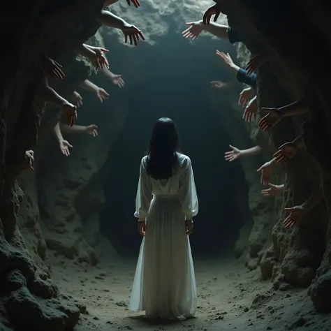 Dark cave with many hands , stone, dirt floor, realistic, 4k,  expression .  Pale scared young woman . black haired, Real woman.  Clothes dressed in white , miles de manos salen de la pared surrealistic, of terror,  hands want to take it , Wear it ,  maste...