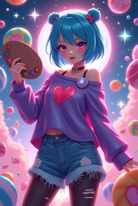 " An illustration of Azucarilla ,  a vibrant and energetic girl ,  with short blue hair adorned with a heart brooch .  She wears a torn purple sweater with a shiny heart in the center ,  denim shorts and black tights with touches of neon .  She is surround...