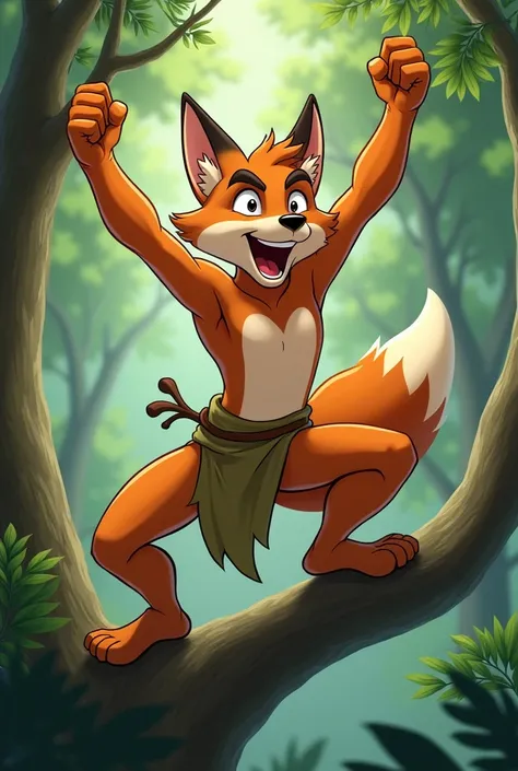 With 2d animation , A young male fox boy  , Antropomórfico , Osea on two legs   , On loincloths in the jungle ,  On top of a tree branch  ,   screaming like Tarzan  ,  The young fox is hitting his chest with both arms  ,  fists hitting the chest, The young...