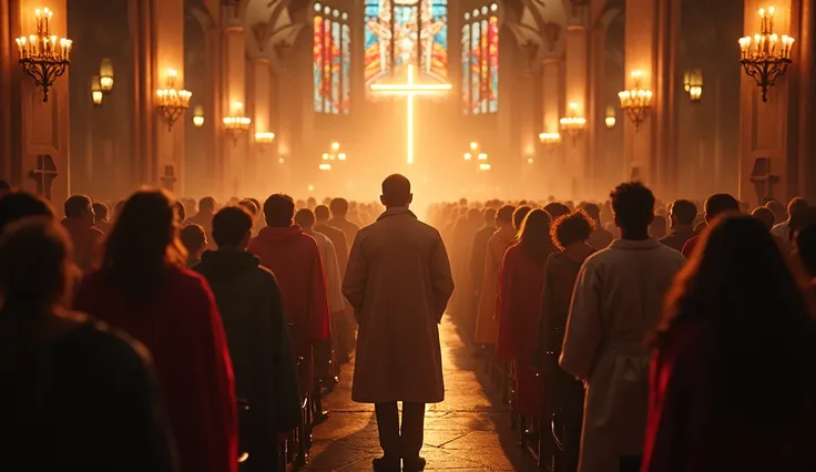 Create a scene of a vibrant community sharing faith and hope, united around the Word of God, with an atmosphere of peace and divine presence. Aspect ratio 16:9, cinematic suspense.