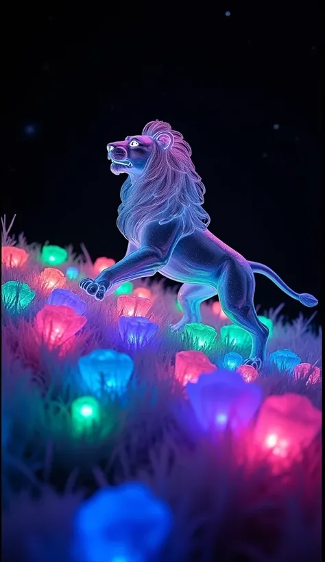   large glass lion emitting fluorescent colors  、Made by AIS-RCN, 8K Photo, "words,     Beautiful large lion   ,   taking off from a beautiful night sky   ,     dynamic depiction  、  powerful eagle pose 　 Delicate artwork and misty grass complement the flo...