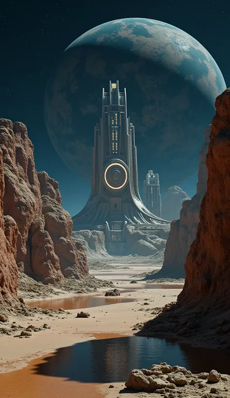 " A futuristic landscape on an alien planet ,  with an advanced urban center surrounded by rocks and desert formations . in the center,  a giant structure in the form of plastic Steering wheel with bright lights and architecture modern,  raised on a massiv...