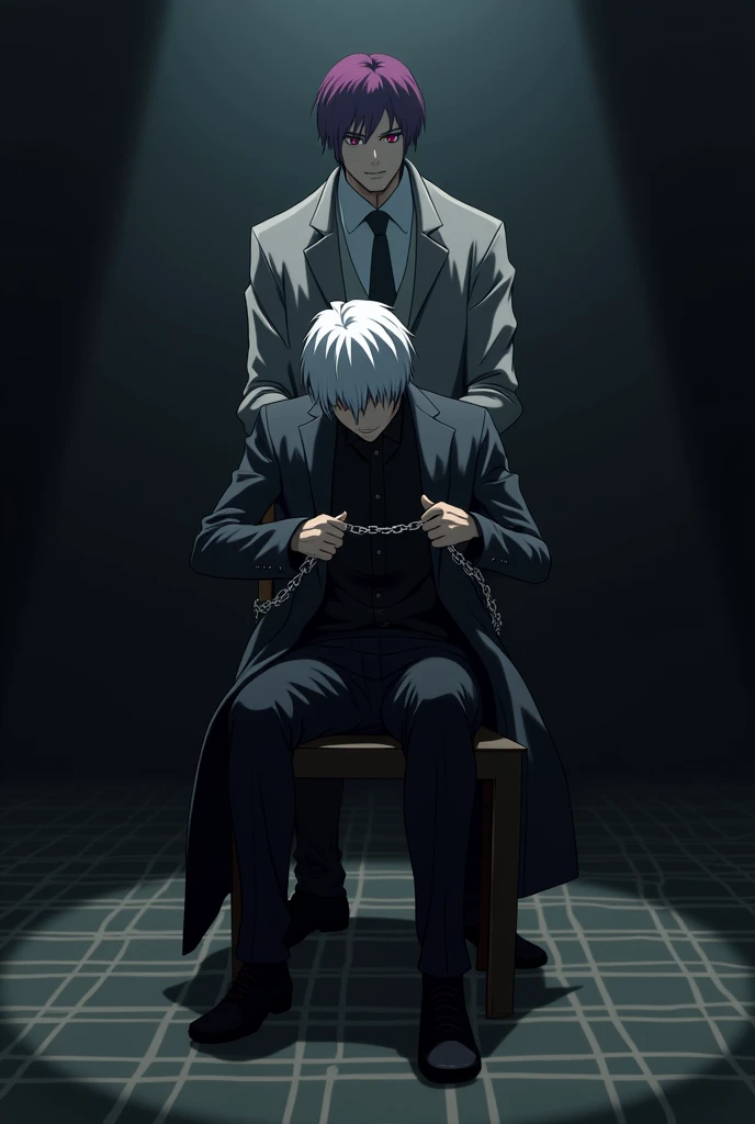  in Tokyo Ghoul anime style. A white haired man,  who was wearing a black overcoat and black pants was sitting on a wooden chair, chained with his arms back .  he had his head down .  Because he was tortured by another man .
 The other man was standing in ...